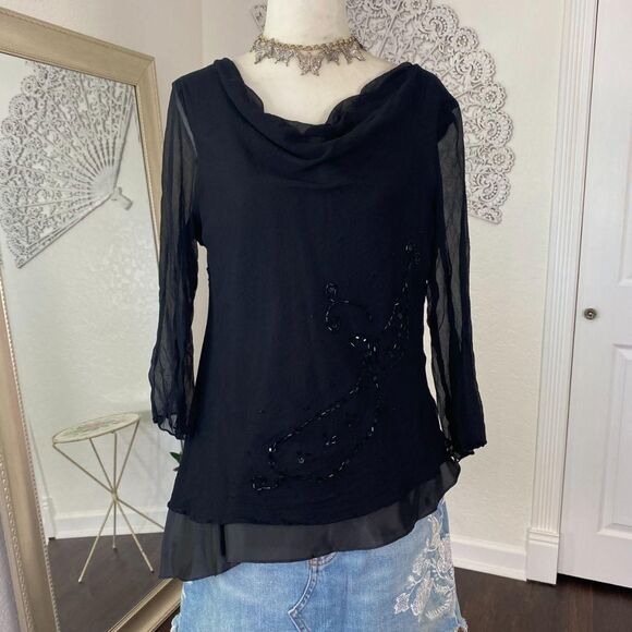 Vintage 90s Whimsygoth Asymmetric Black Beaded Silk 3/4 Sleeve Blouse L - Picture 2 of 8